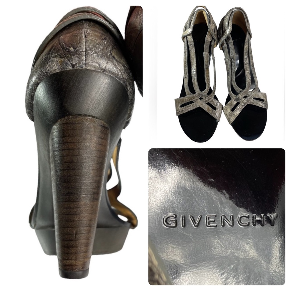 GIVENCHY Stacked Heel Open Toe Textured Leather Strappy Platform Pump